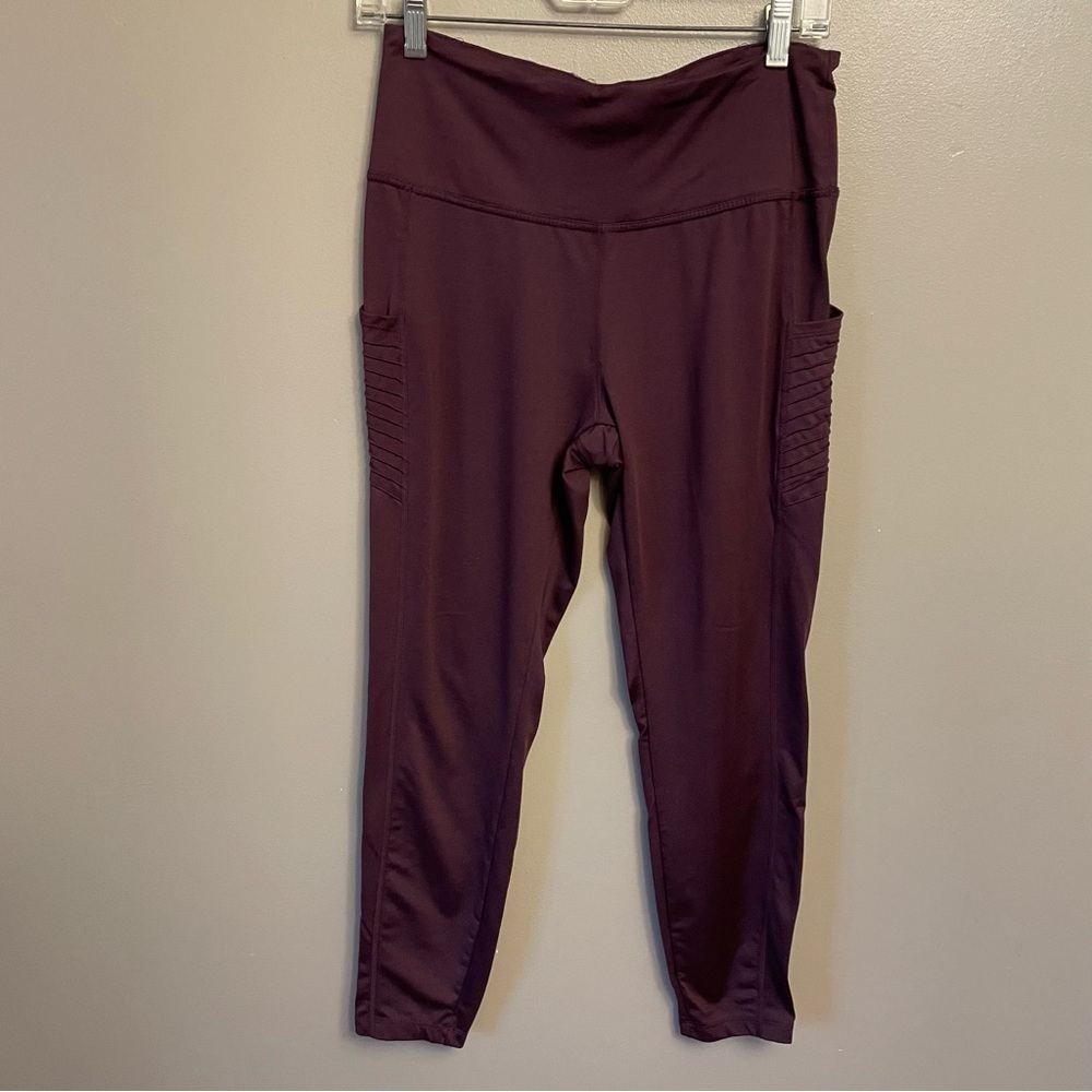 Tahari Sport Leggings Women's Medium Burgundy Pull On Stretch Pockets HiRise Gym
